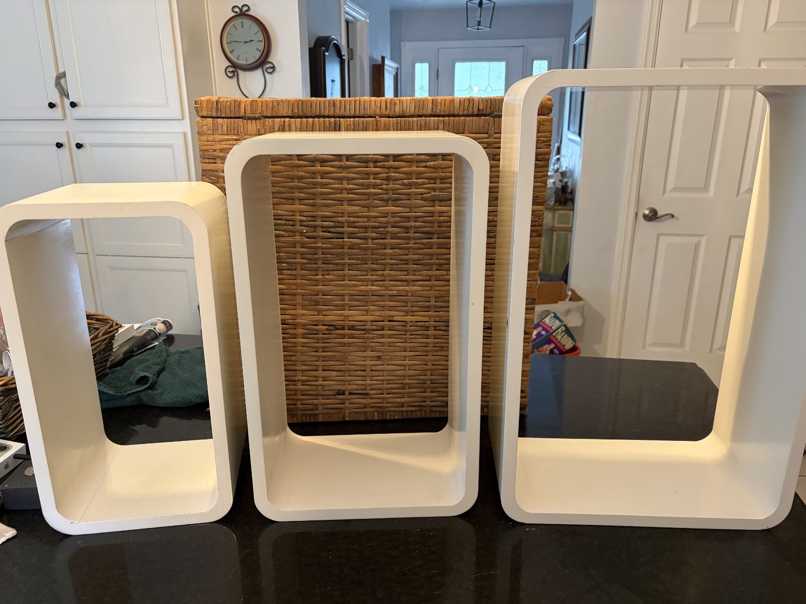 Vintage MCM White Wood Nesting Tables Set of 3 Woven Wood Tops Mid Century