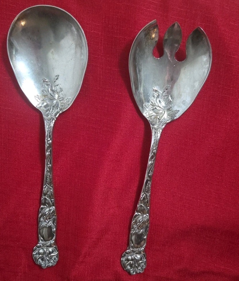 W A Italy Silverplate Salad/Fruit Server Set Fork Spoon Flatware 9.5″ VTG
