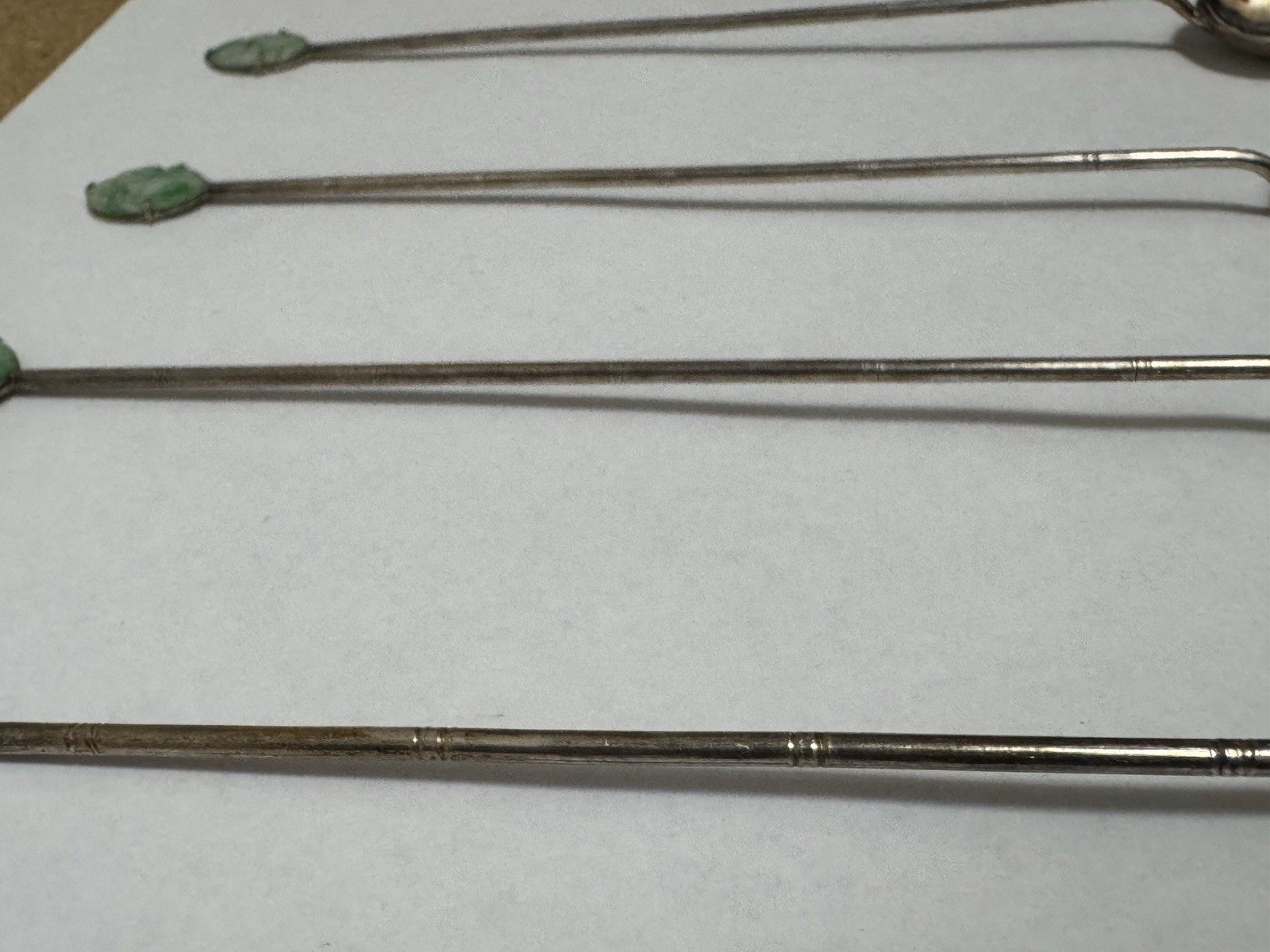 6 China EXPORT SILVER DEMITASSE SPOONS BAMBOO STEM JADE TOP