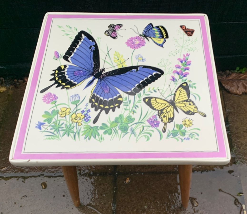 Vintage small side table 50s 60s Kleinmobel tile top butterflies rockabilly