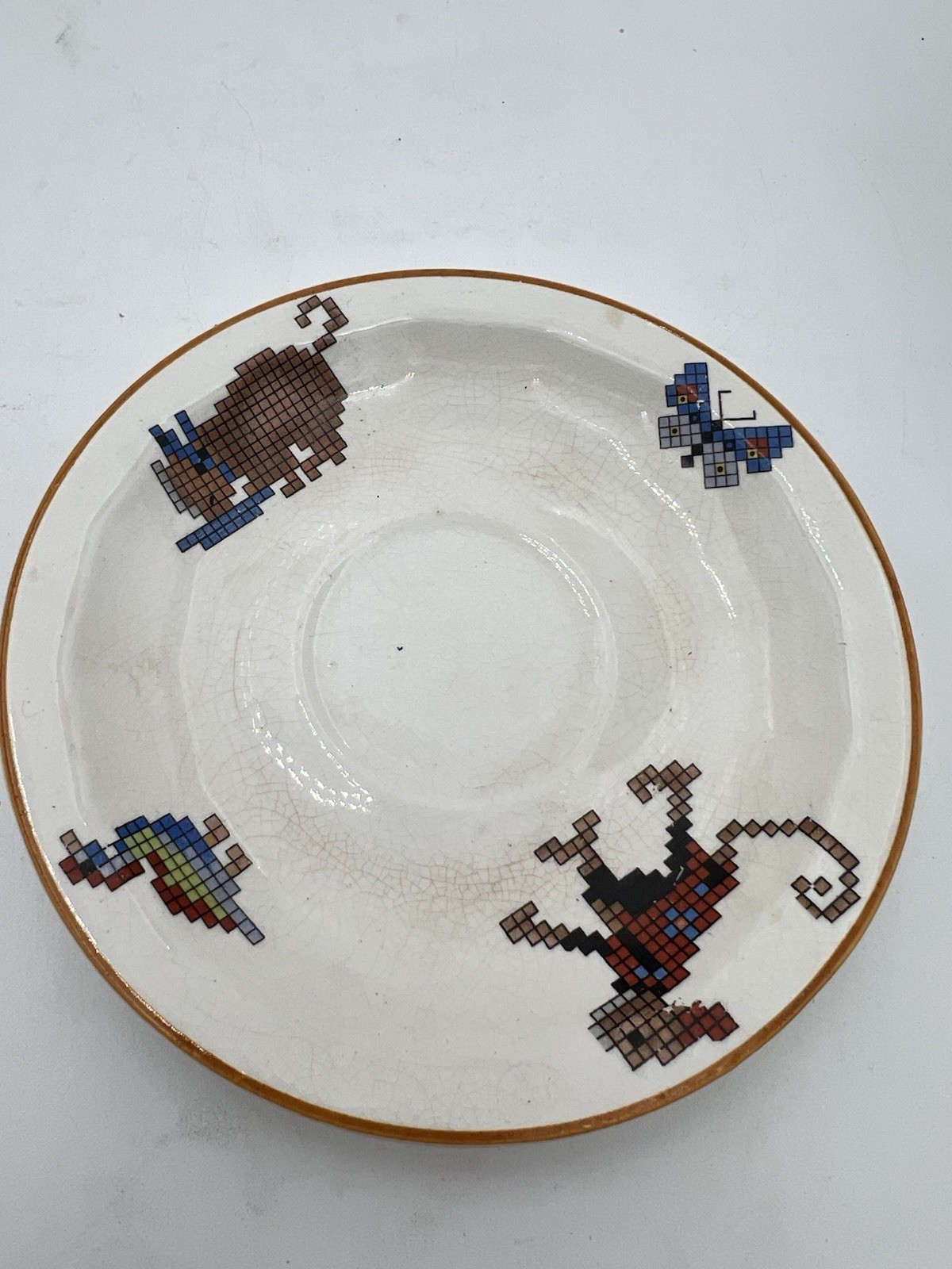 Antique Edwin M Knowles Vitreous Cross Stitch Design Child’s Teacup Saucer Plate