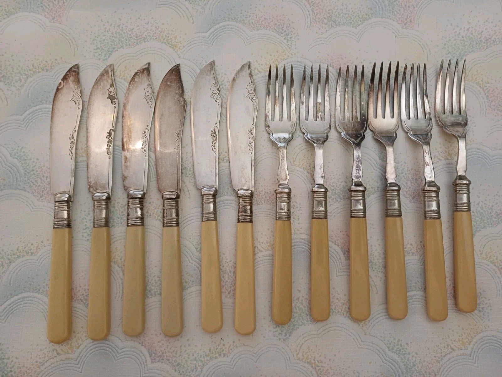 Antique Cutlery HF & Co EP Engraved Fish Knives & Forks Faux Bone Handle x 12