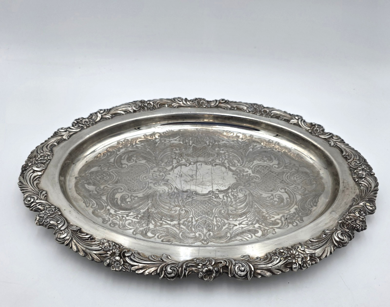 Reed Barton Burgundy Silverplate Serving Tray Floral Scroll Platter VTG Chippy