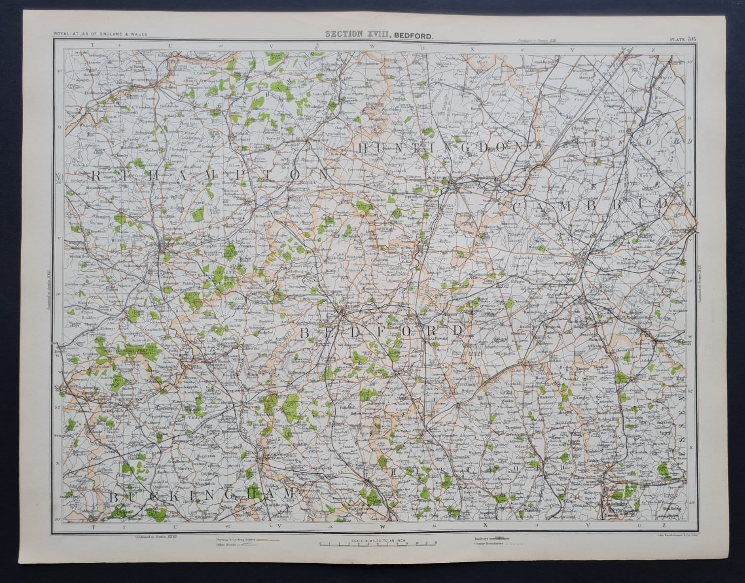 Antique 1898 Map – Bedford – Huntingdon – Northampton – Cambridge – Luton
