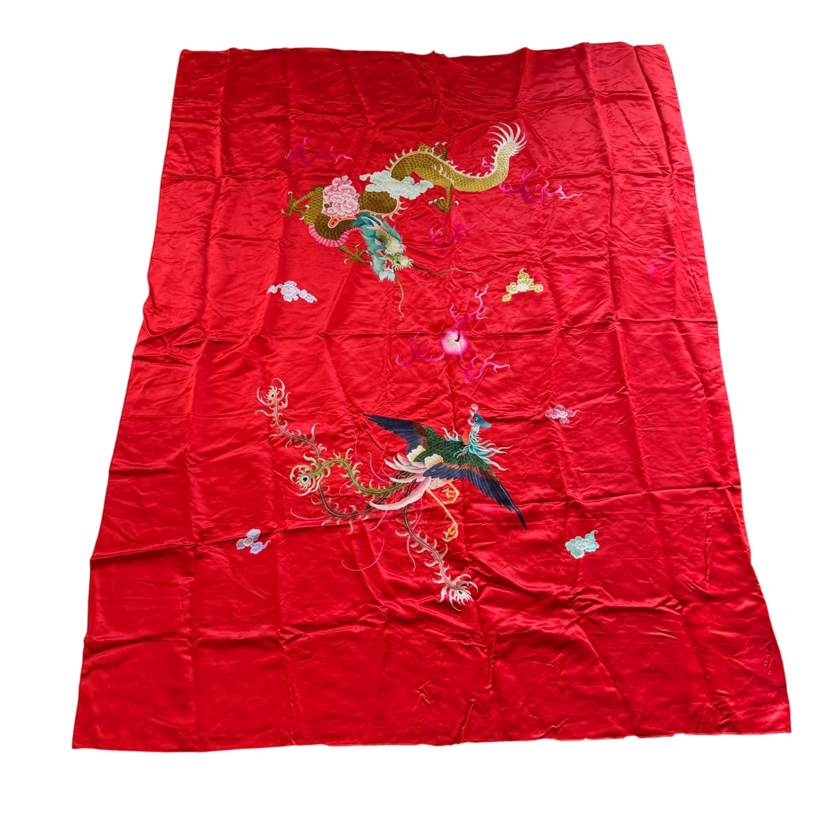 Antique Chinese Hand Embroidered Dragon Birds Phoenixes Red Panel 74×56 inches
