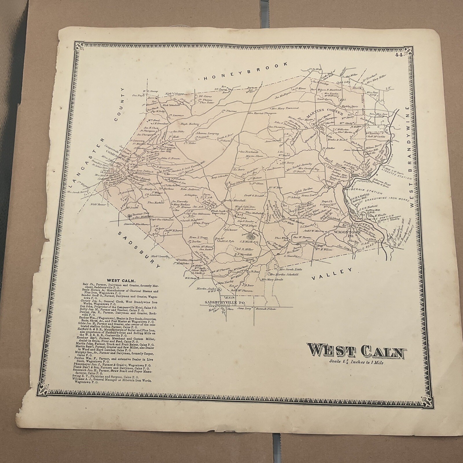 Original 1873 Atlas Map West Caln PA Chester County A R Witmer Businesses