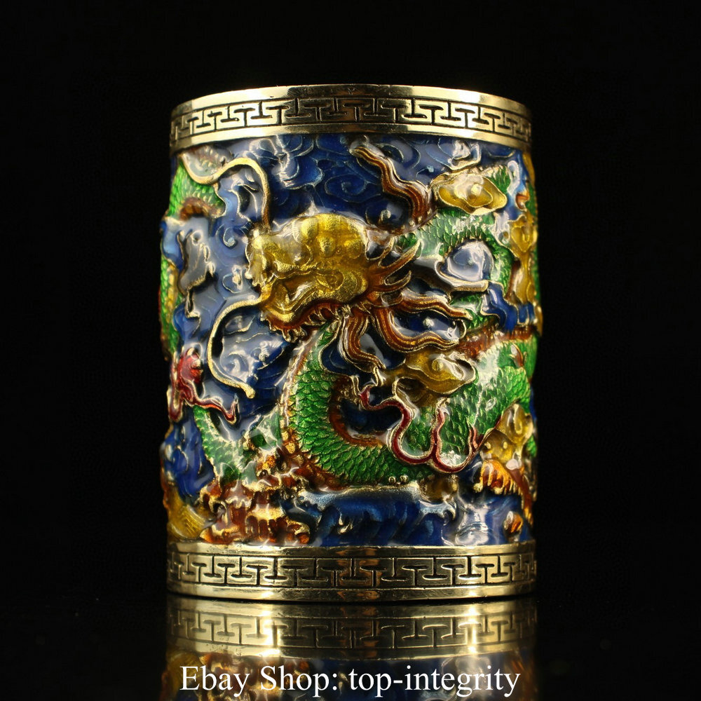 4″ Old China Copper Painting Gilt Dynasty Palace Dragon Brush Pot Pencil Vase
