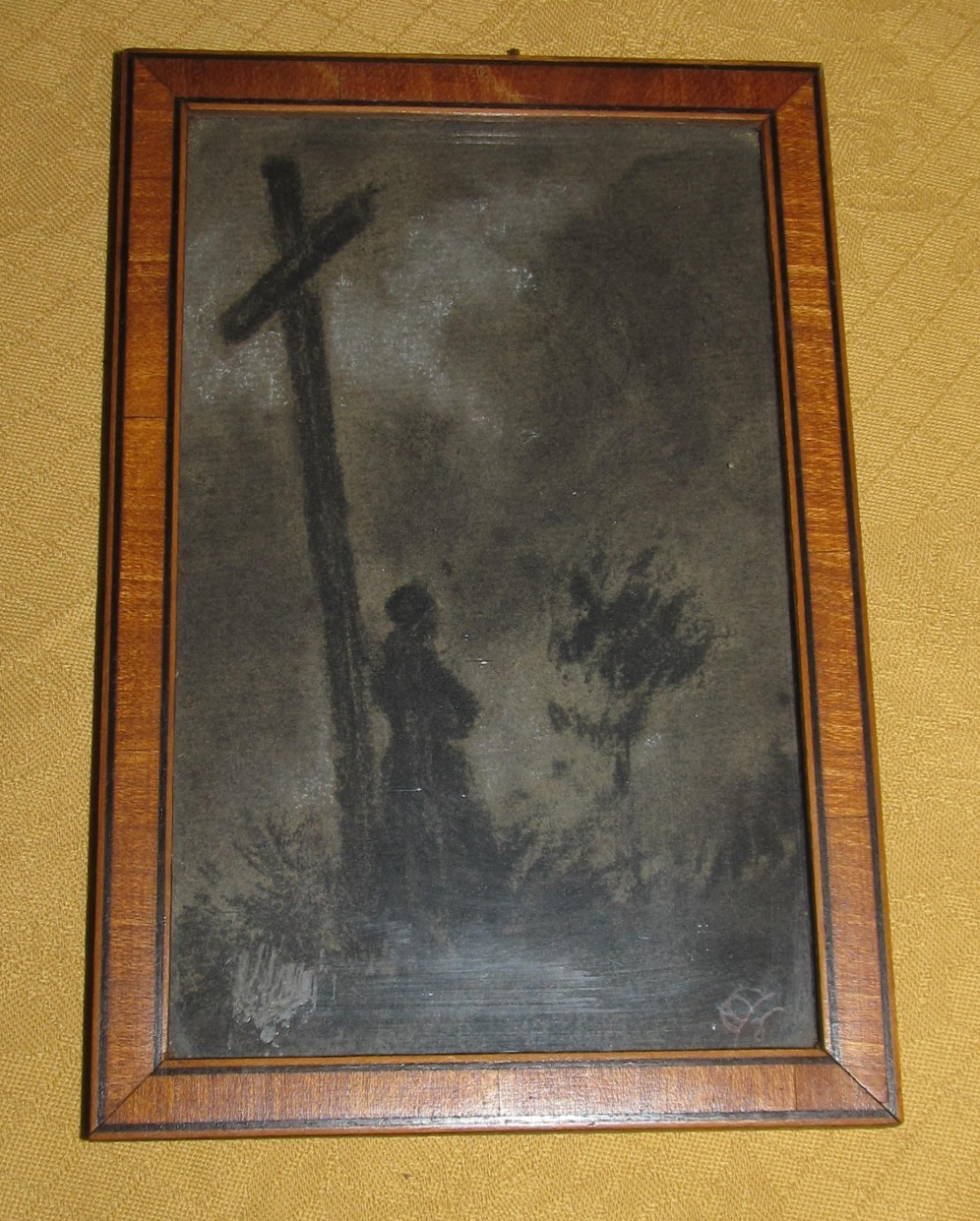 Small Antique Wooden Inlay Frame Drawing Calvary in Grey Signed