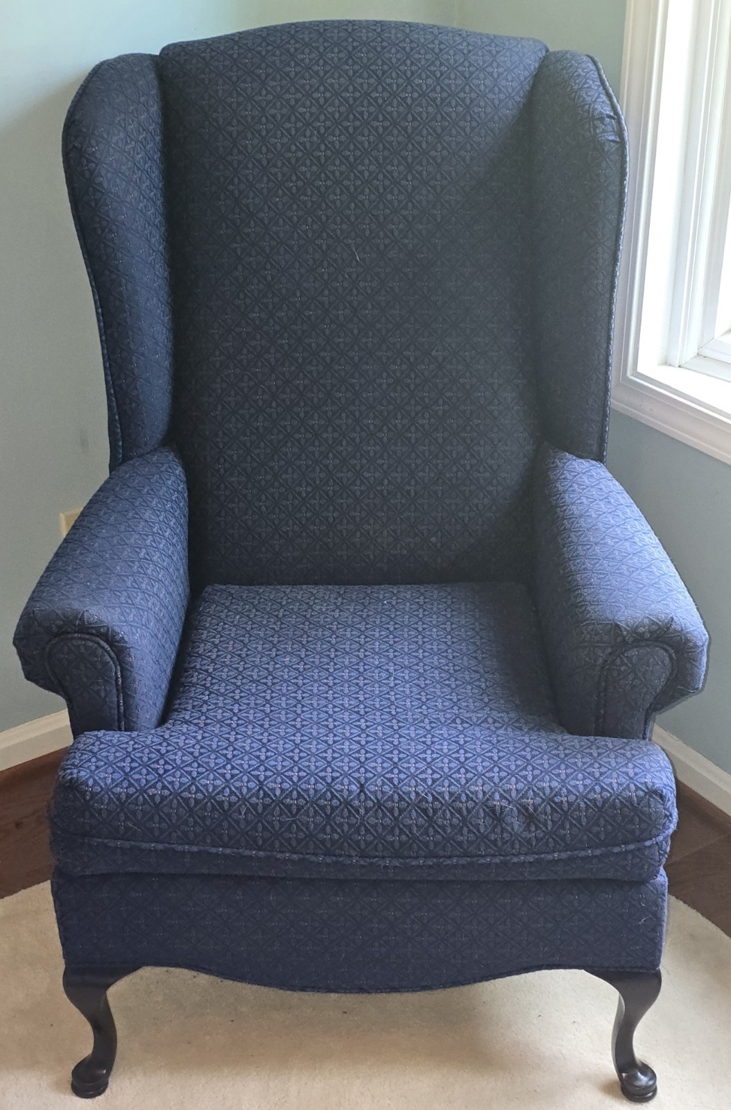 Hillcraft High 43″ Wingback Fire Side Queen Anne Chair Blue Flower Upholstered