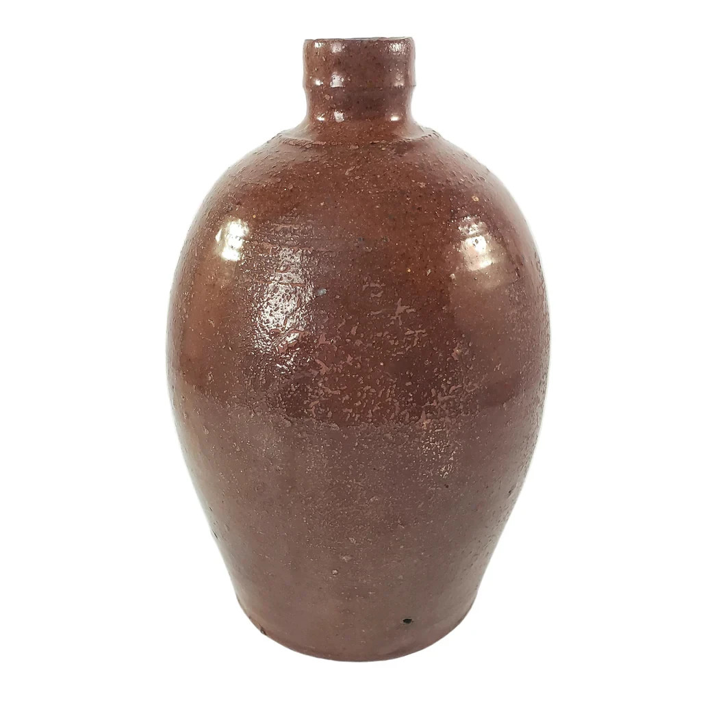 Antique Glazed Redware Handled Jug Orangish-Brown 2 Quarts Worn Primitive Decor