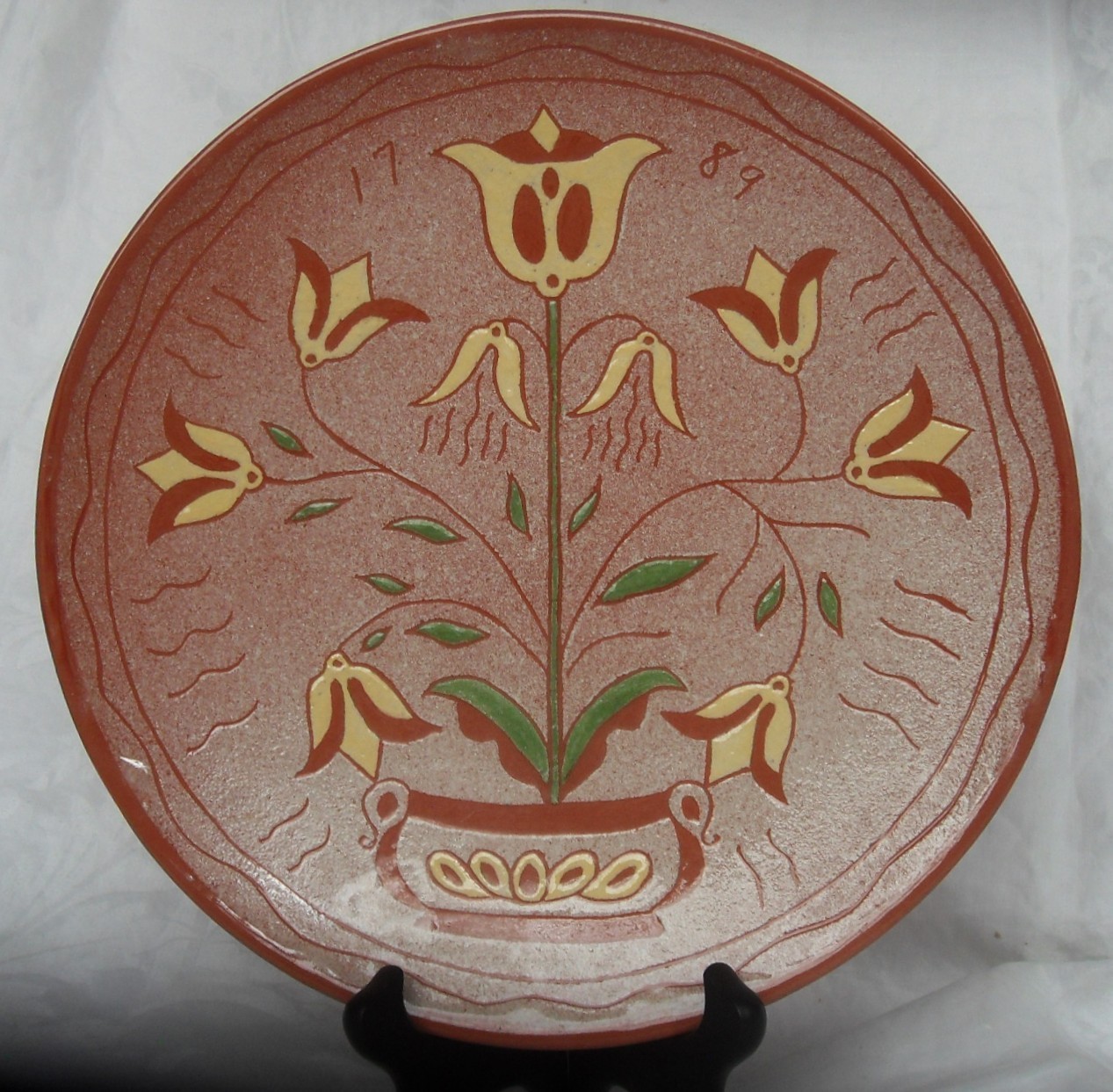 Antique 1789 Sgraffito Redware Plate 10″ Tulips in Pot Signed Peckham 1949