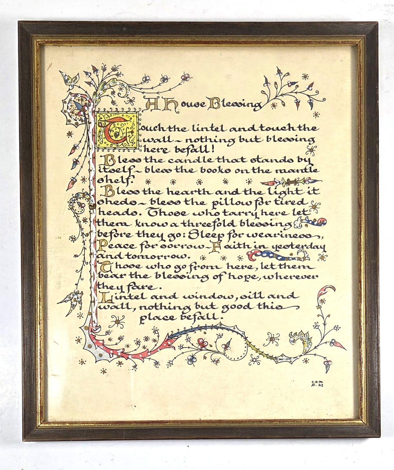 Antique Illuminated Calligraphy HOUSE BLESSING Framed Folk Art Motto Signed
