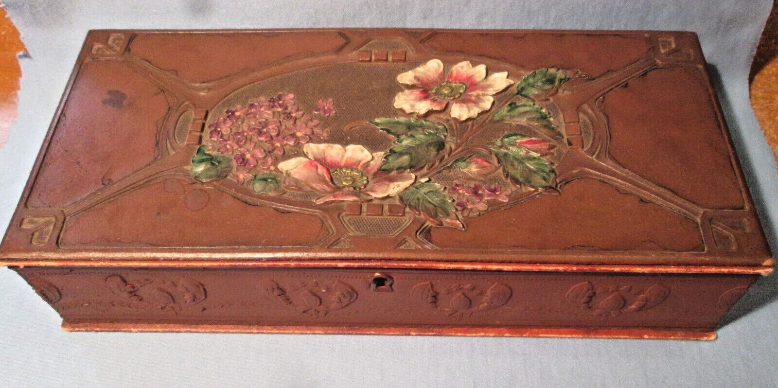 STUNNING Antique Embossed LEATHER GLOVE or JEWELRY Vanity BOX ~ Germany 1800’s