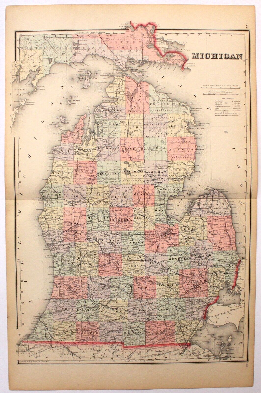 “MICHIGAN” COLTON Antique original map 1874