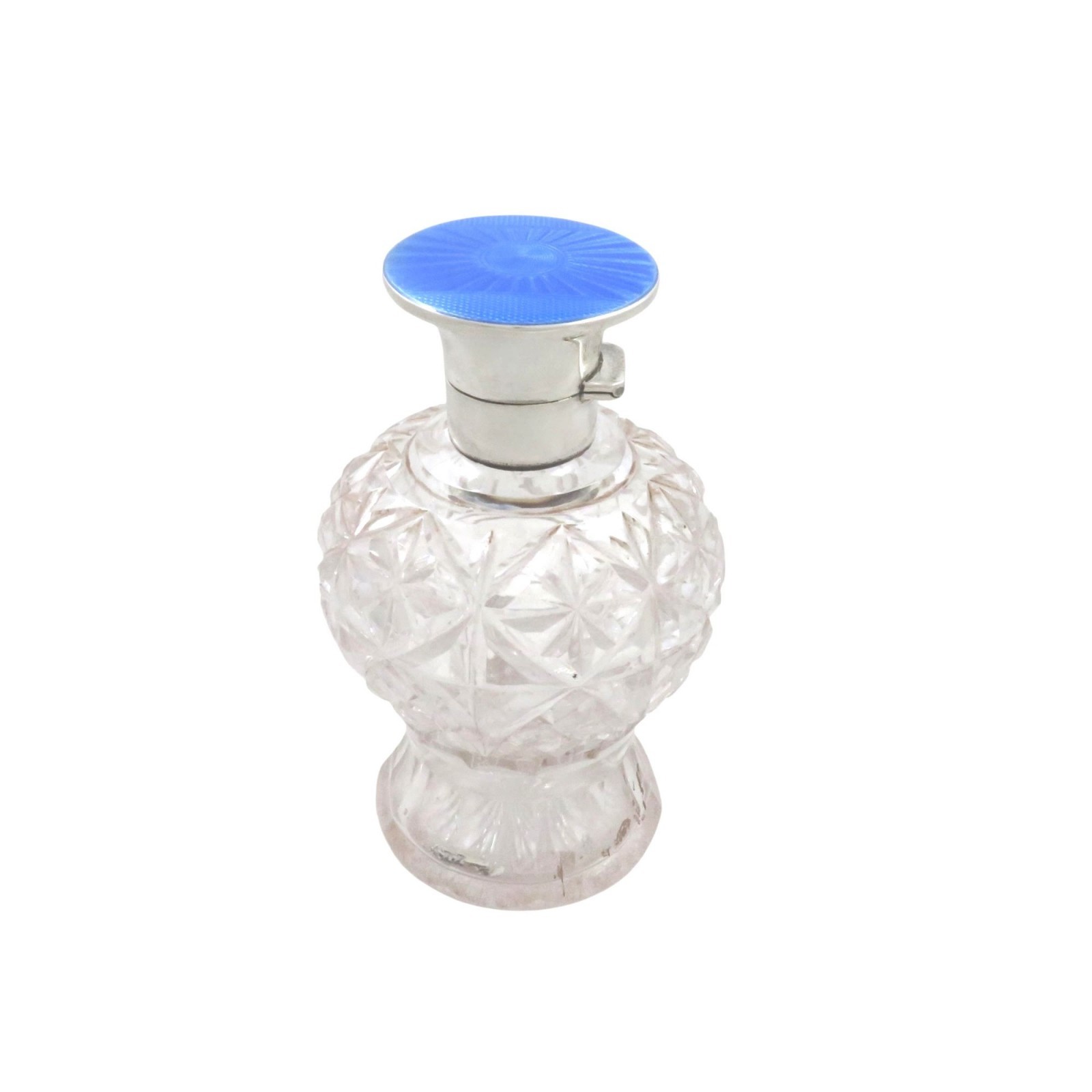ANTIQUE STERLING SILVER & BLUE ENAMEL 5 3/4″ PERFUME / SCENT BOTTLE 1930
