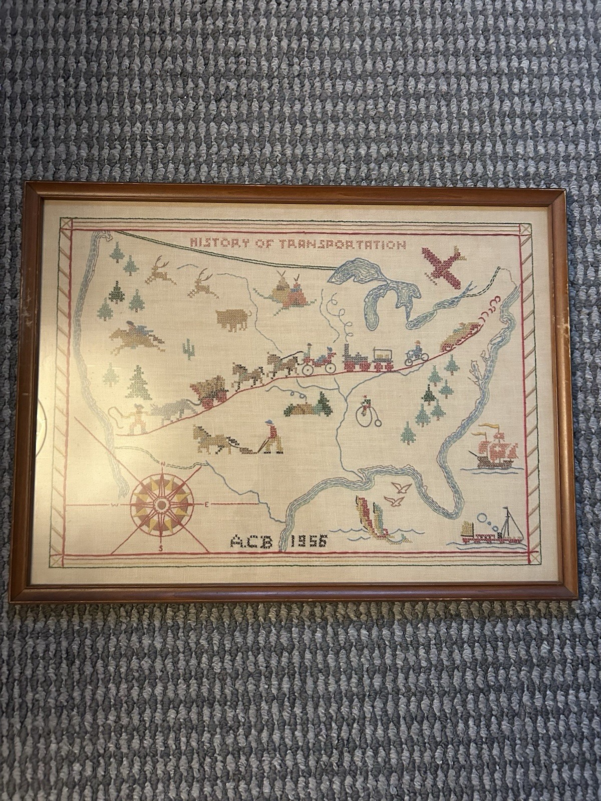 ANTIQUE AMERICAN AMERICANA TAPESTRY NEEDLE POINT FOLK HISTORY OF TRANSPORTATION