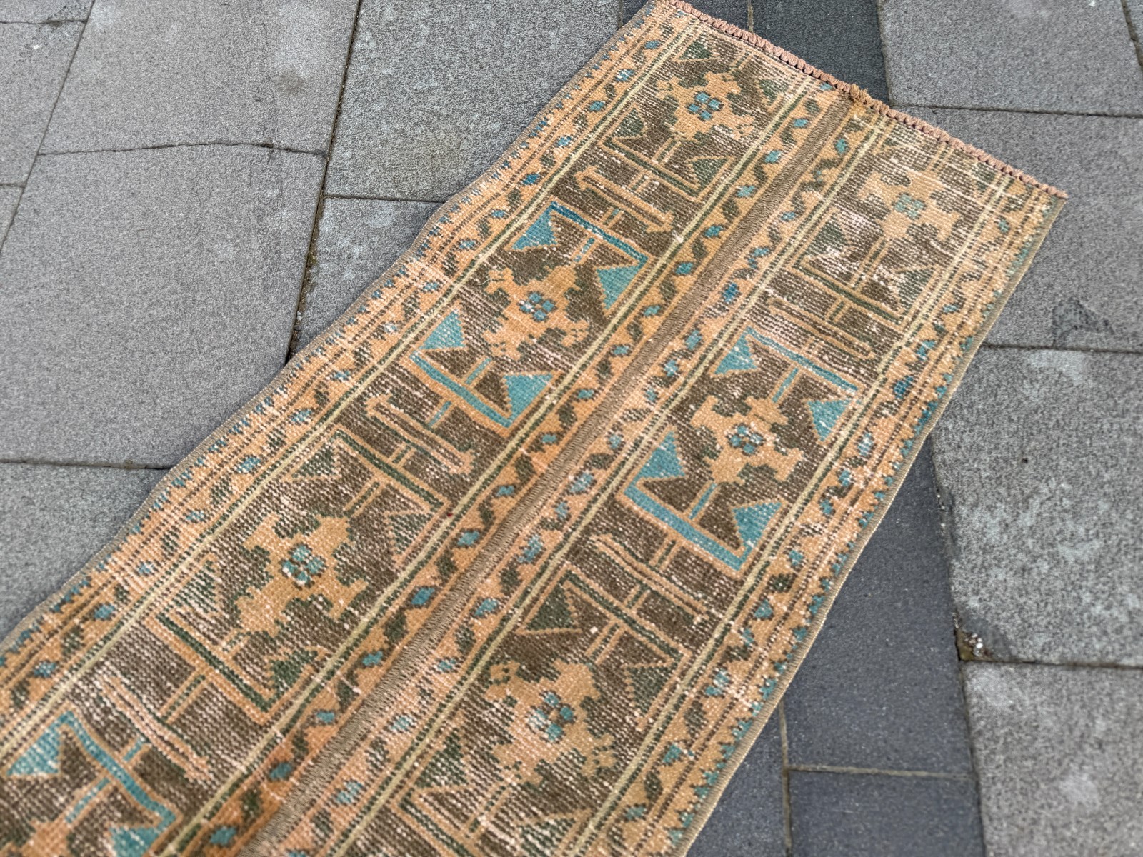 Vintage Turkish Oushak Runner Rug 1.7×9.9 ft Hand Knotted Sky Blue Coral Rug