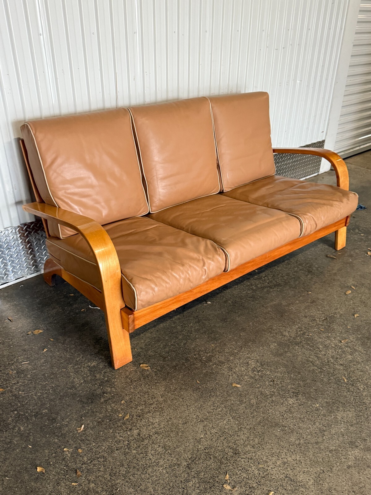 1930s Machine Age Russell Wright Figured Tiger Maple Three Seater Sofa