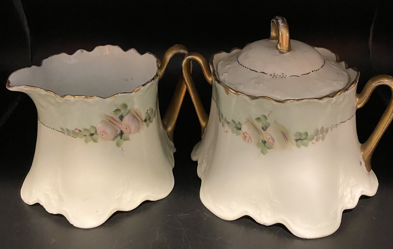 Antique ZS & Co Bavaria White Porcelain Pink Green Gold Floral Creamer & Sugar