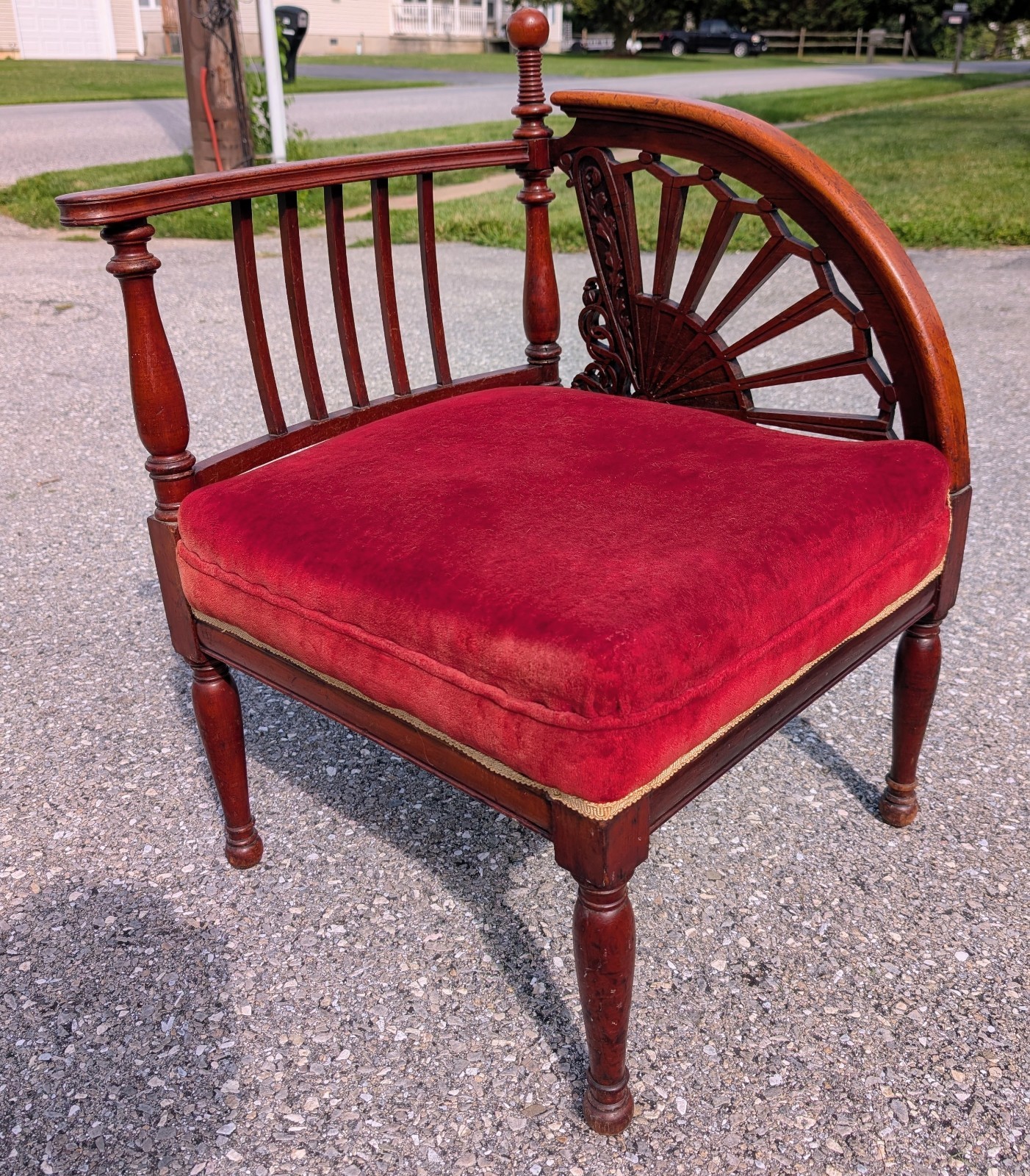 Antique Edwardian Carved Wood Corner Chair With Fan Arm And Red Velvet
