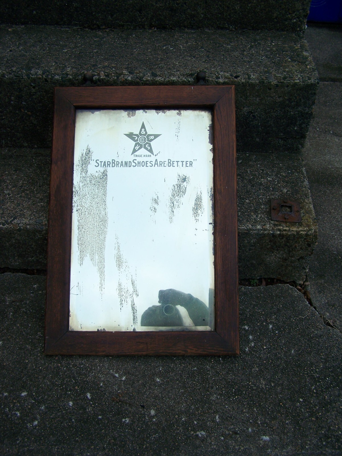 VINTAGE ADVERTISING STAR BRAND SHOES OAK FRAME BEVELED MIRROR CAST IRON FINIALS