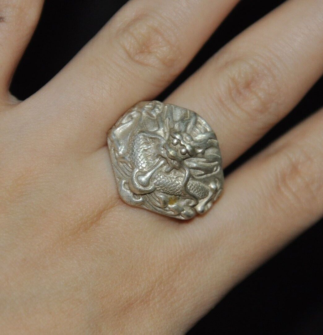 old China silver wealth FengShui animal dragon Exorcism dynasty jewelry ring