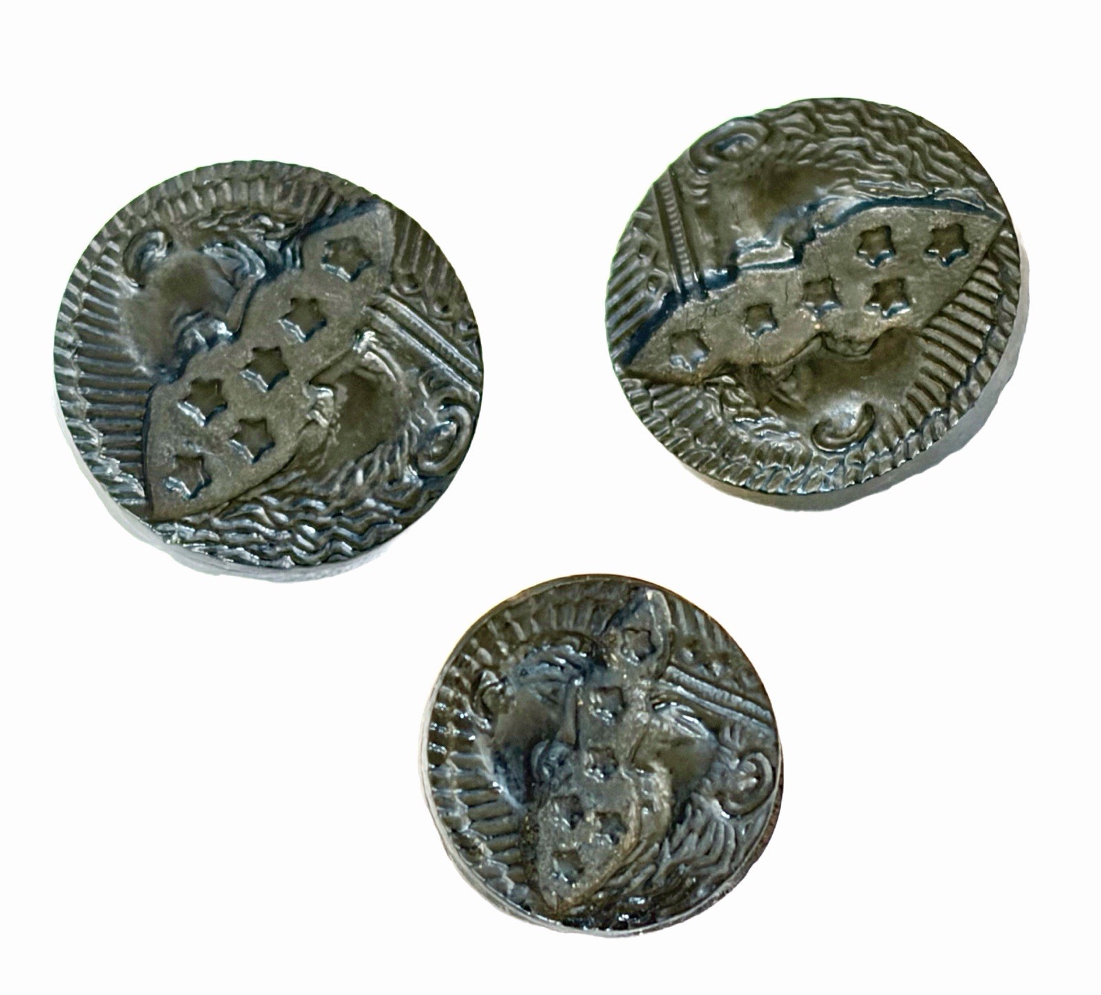 Lot Of 3 Antique Victorian Black Glass Buttons~Egyptian~Celestial~1860s