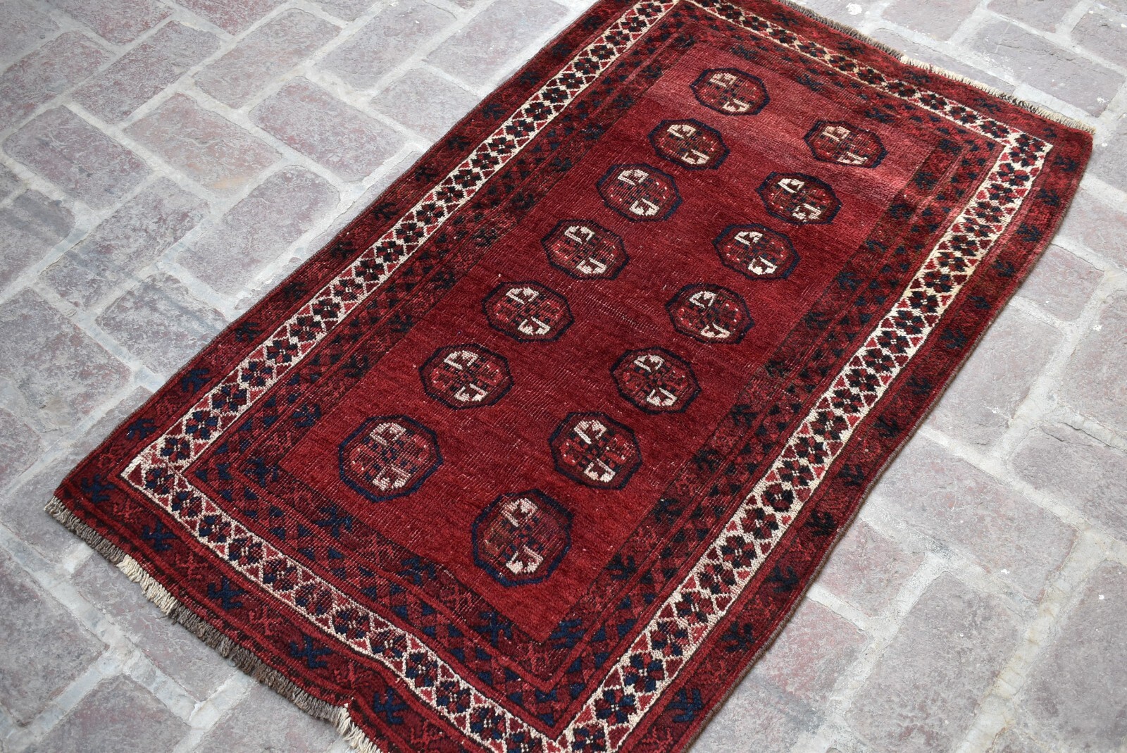 3×5 ft 1930s Antique Afghan Turkmen Ersari Rug Oriental Hand Knotted Red Carpet