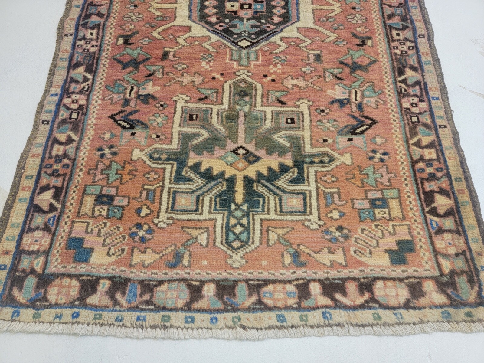 Antique Oriental Hand-Knotted Wool Runner Rust/Black/Green 2’10” x 9’5″