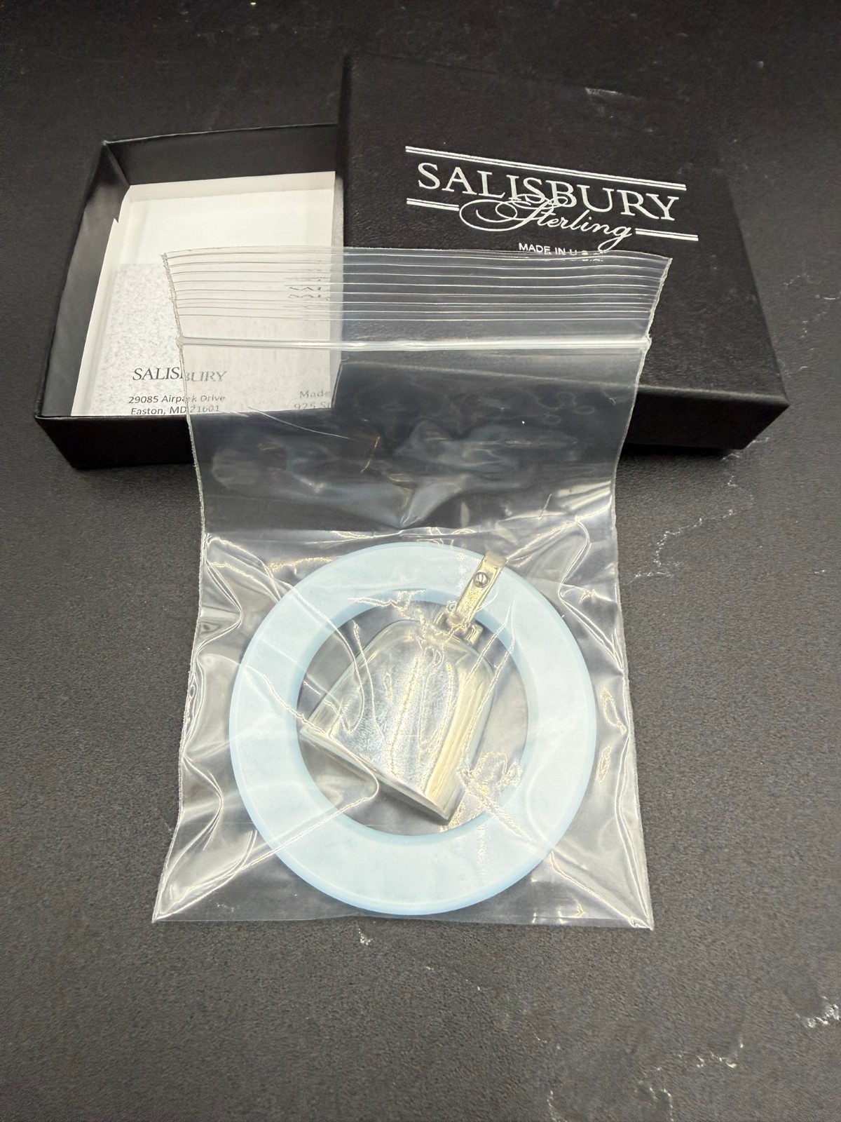 SALISBURY STERLING SILVER TEETHING RING BABY RATTLE W/BLUE RING