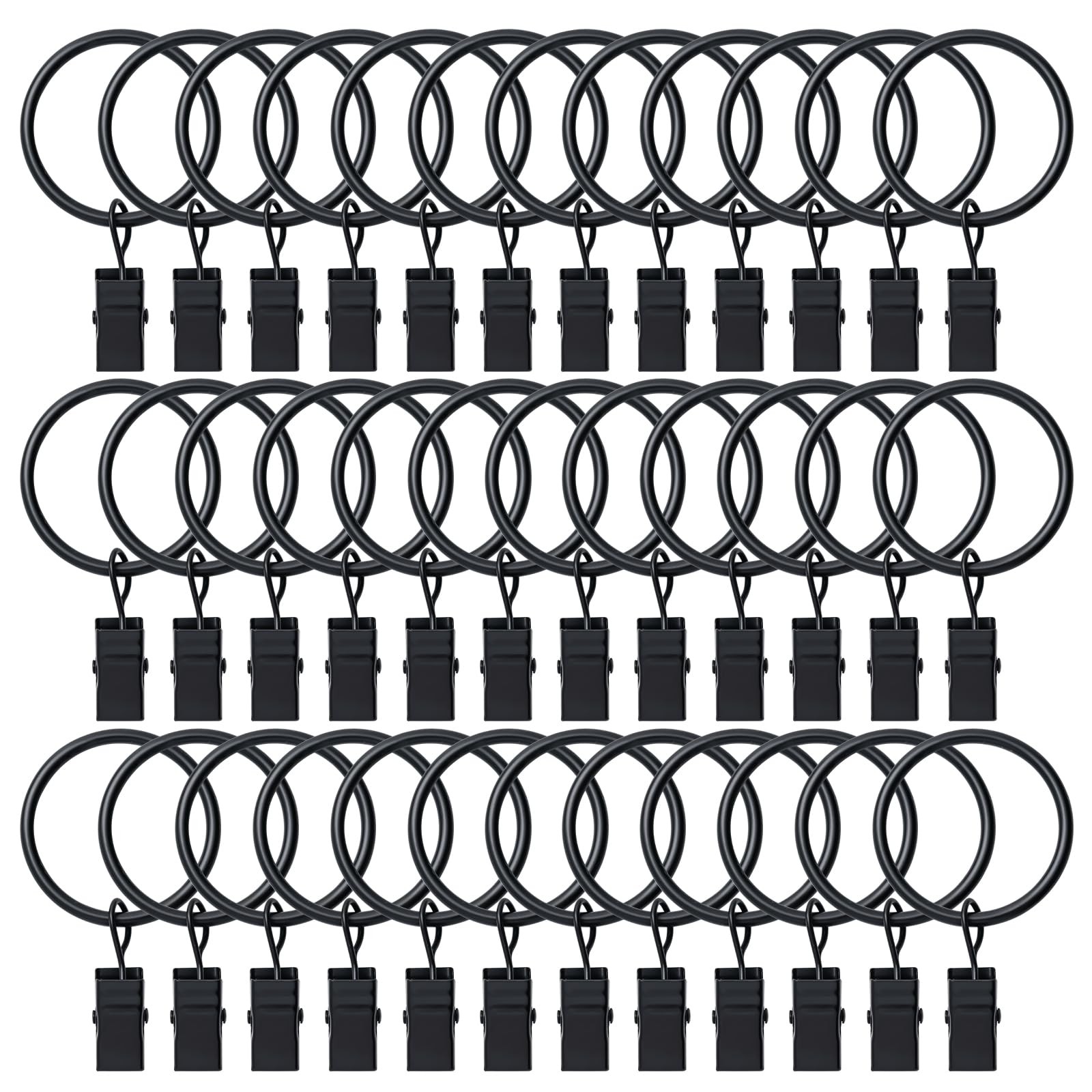 BOOMIBOO 36 Pack Curtain Rings with Clips, Drapery 1.26″ I D 36 Pack, Black