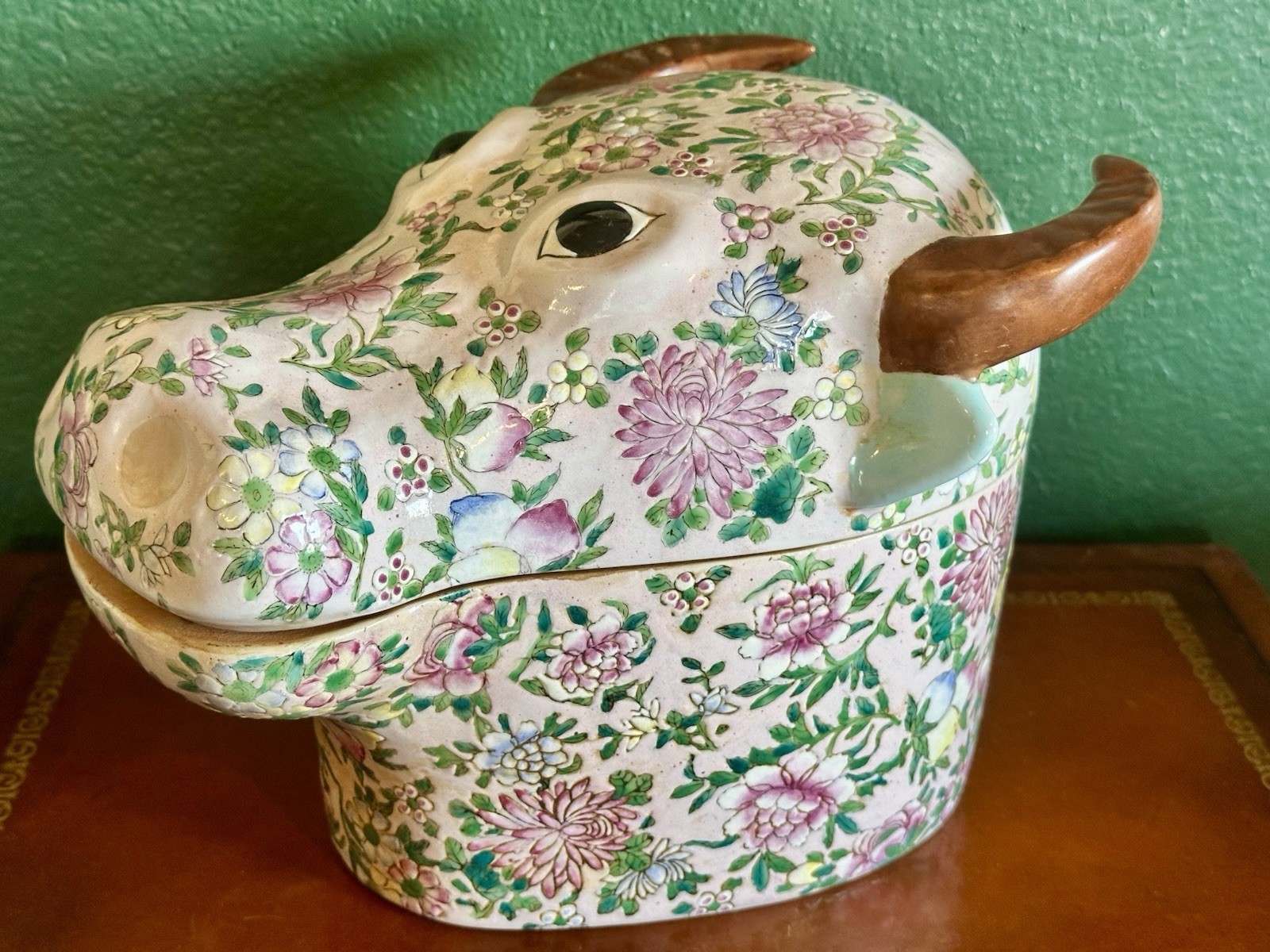 Vtg Chinese Porcelain Water Buffalo Head Soup Tureen Famille Rose Floral Rare