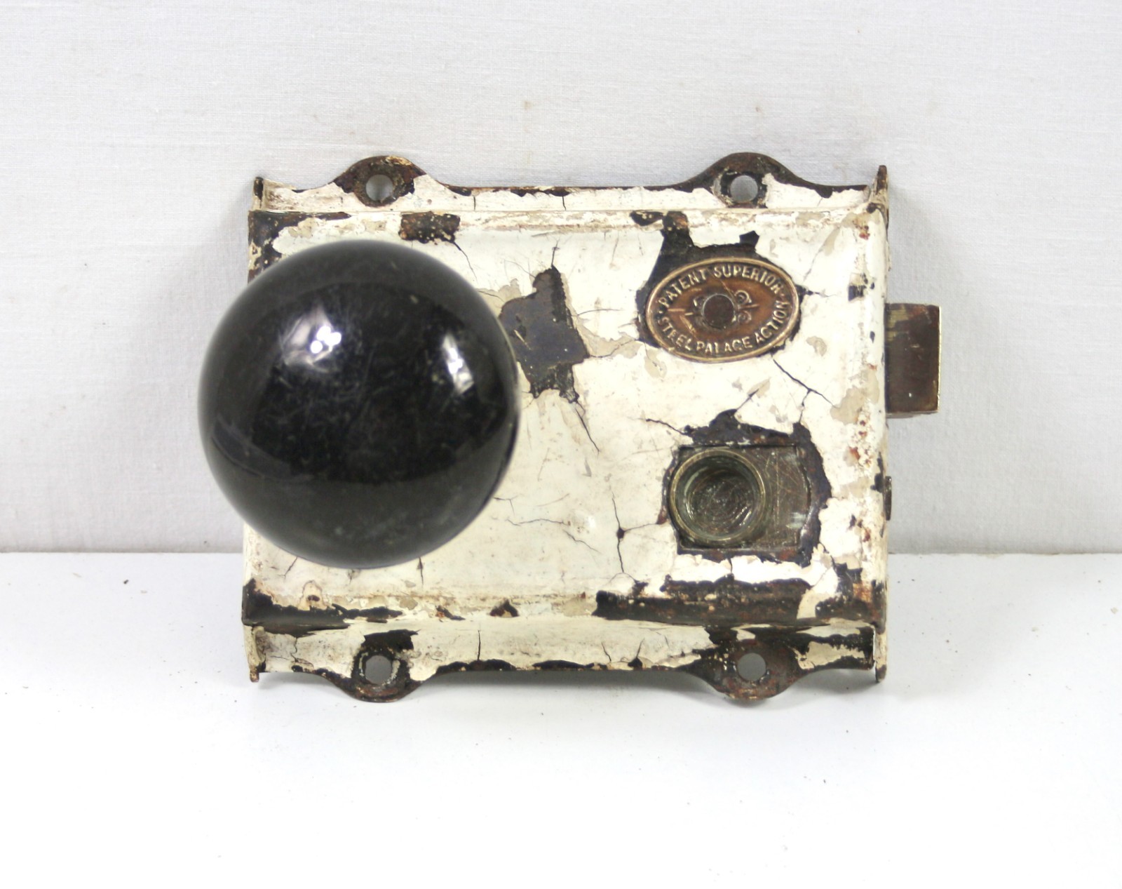 Victorian Rim Lock c1870–1900 Patent Superior Steel Palace Action – Ceramic Knob
