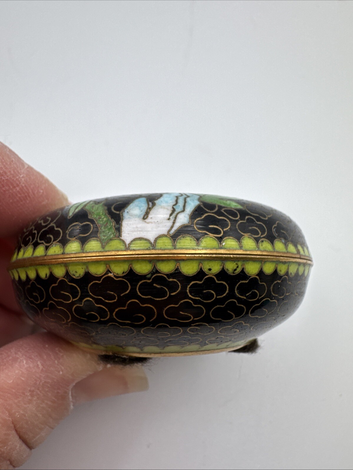 Chinese Cloisonne Small Lidded Powder Jar Enamel Floral Bird Trinket Dish Vtg