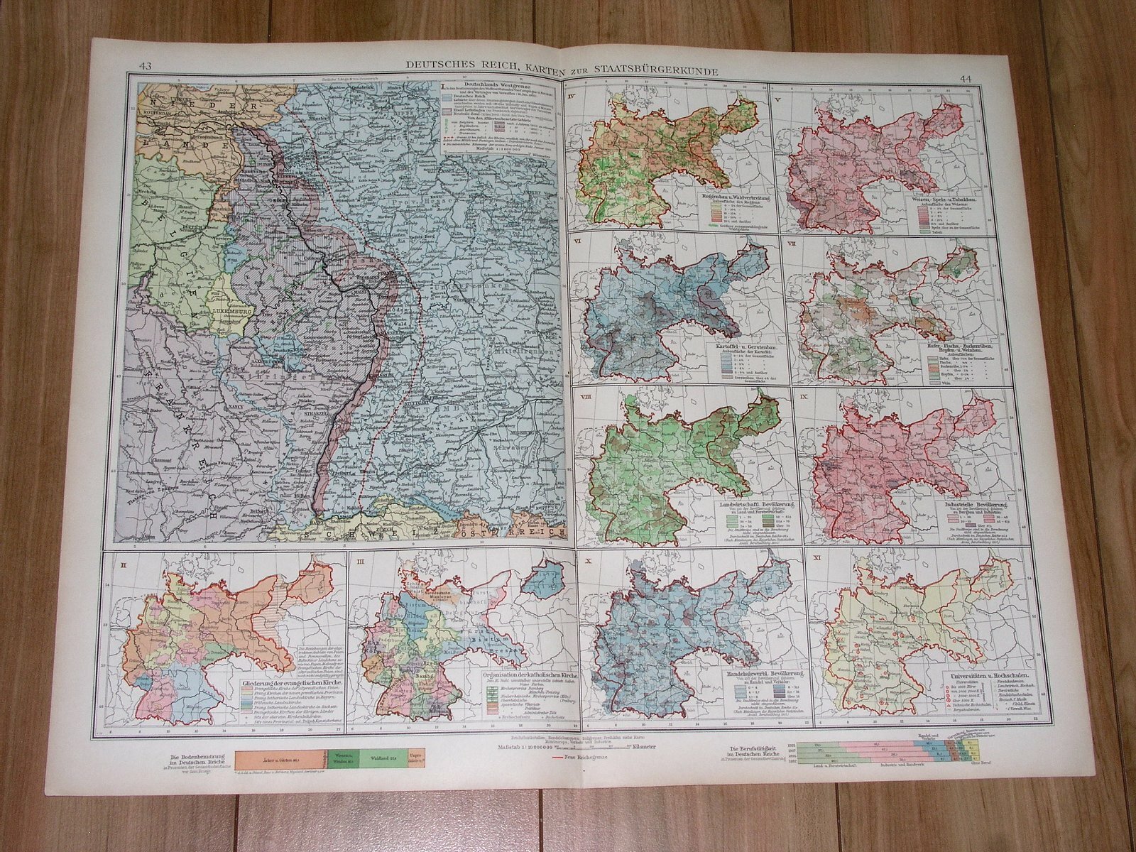 1930 ORIGINAL VINTAGE MAP OF WESTERN GERMANY BORDER SAAR CHURCH CONFESSION
