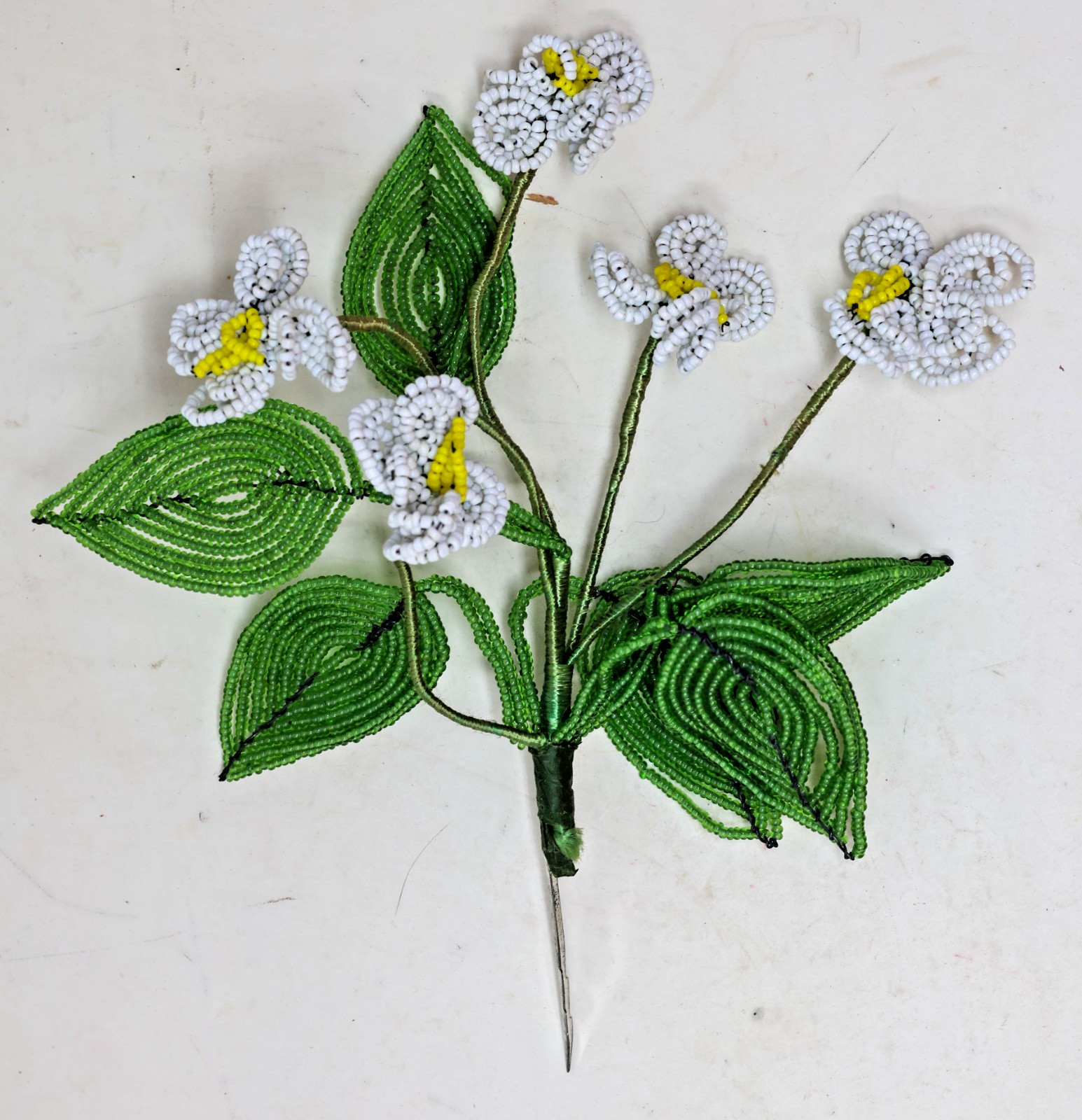 Antiques Victorian Glass Seed Beaded Flower White & Green Leaves Single Stem VTG