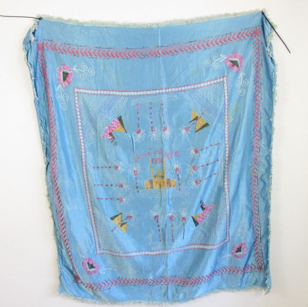 Vintage 1954 Souvenir Of Egypt Embroidered Handmade Tourist Rug 47″ x 54″