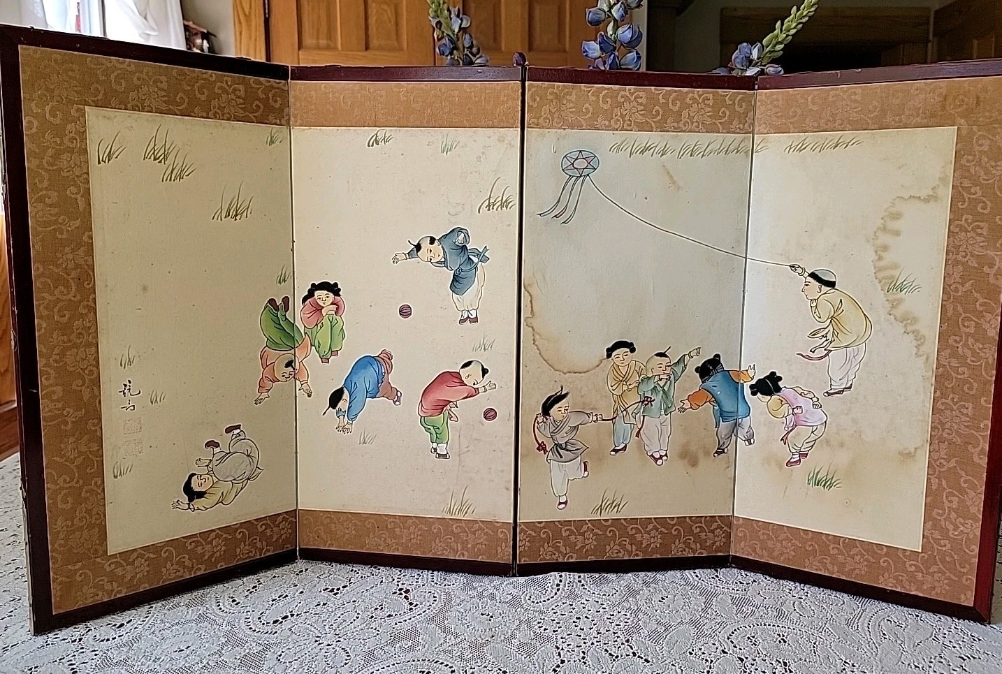 Vintage Chinese Children Playing Watercolor Painting Folding Screen Read