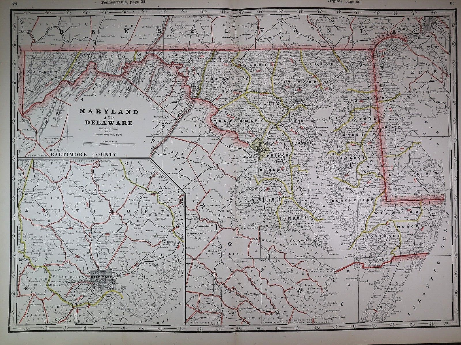 Beautiful 1888 Cram Atlas County & Railroad Map MARYLAND DELAWARE (XL17x23) #571