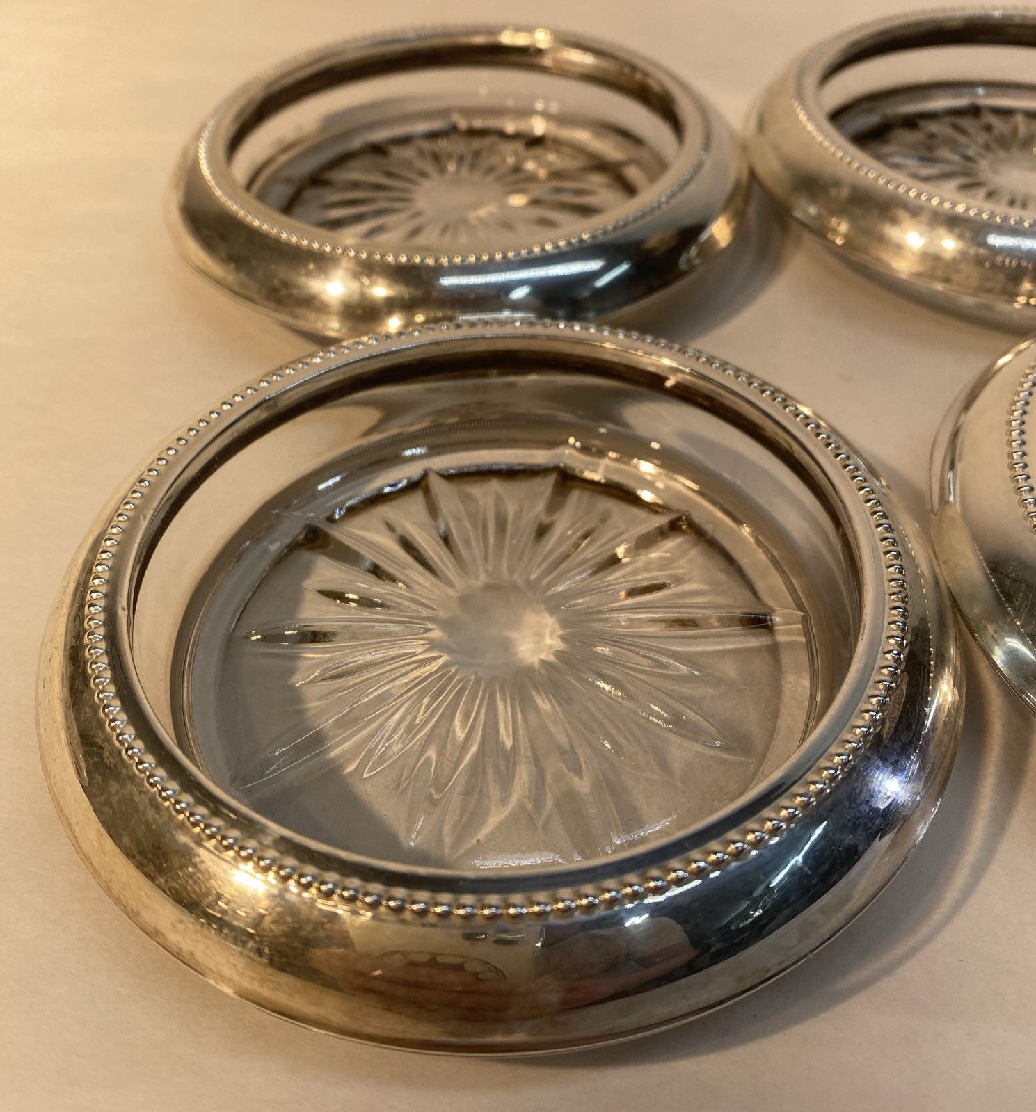 Vintage Frank M Whiting & Co Sterling Silver & Cut Glass Coasters Set of 4 BEAD
