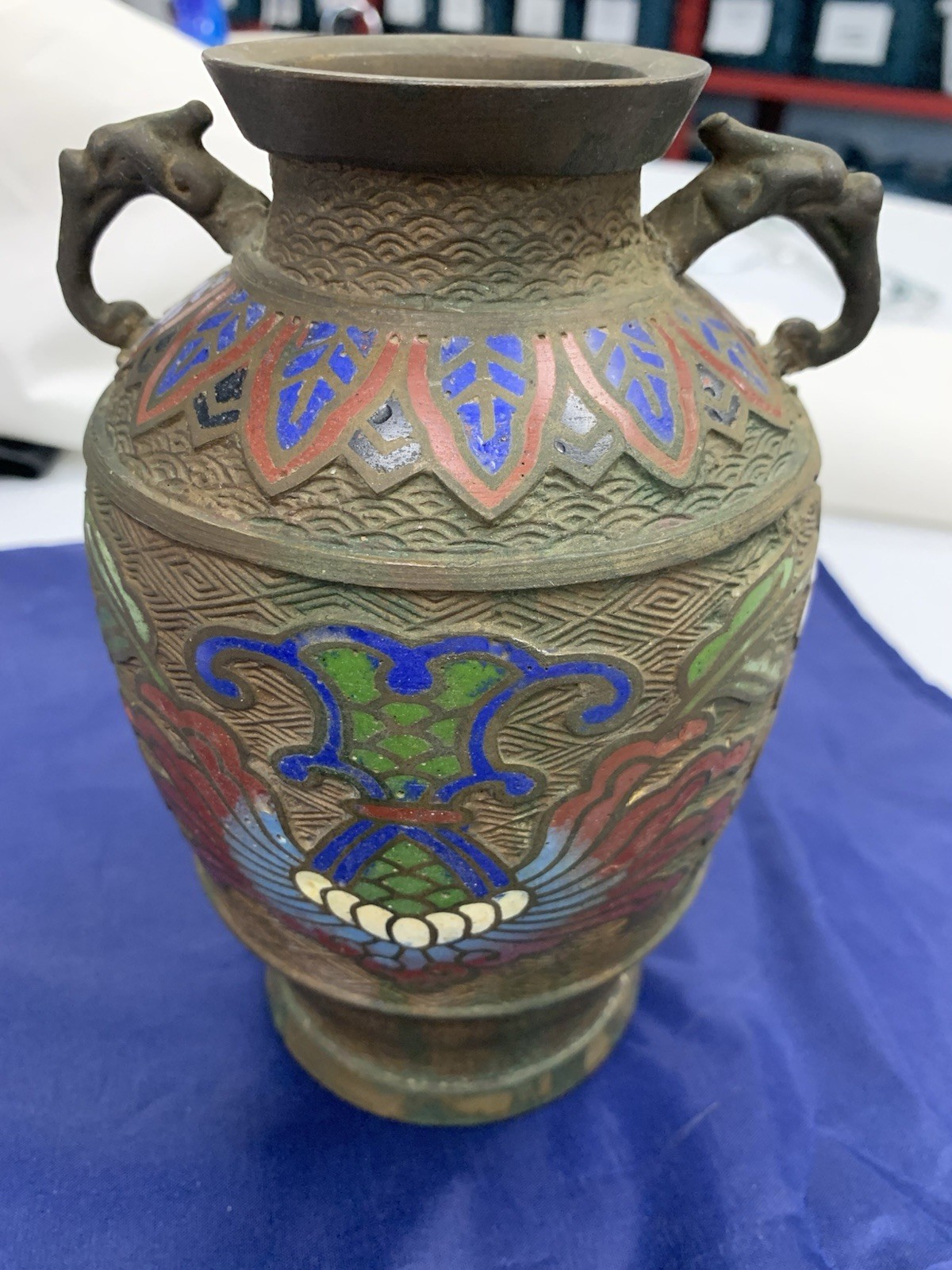 ANTIQUE JAPANESE BRONZE VASE WITH CLOISONNE ENAMEL FLORAL DESIGN