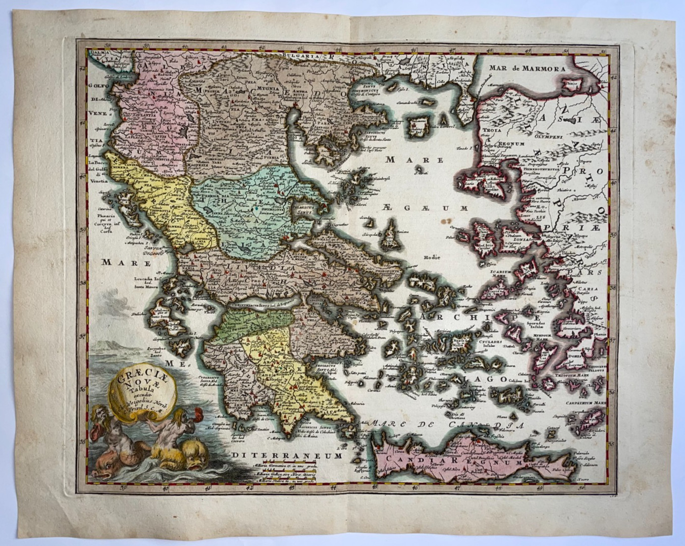 GREECE 1719 CHRISTOPHER WEIGEL LARGE ANTIQUE MAP 18TH CENTURY