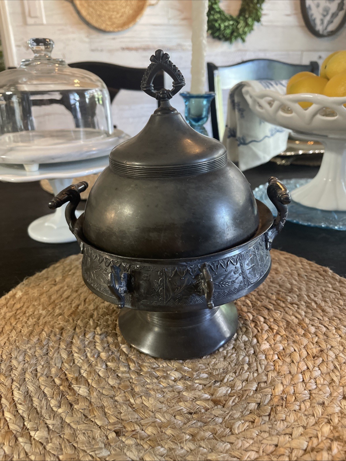 Vintage Quadruple Silverplate TARNISHED Pedestal Cover Dish With Handles