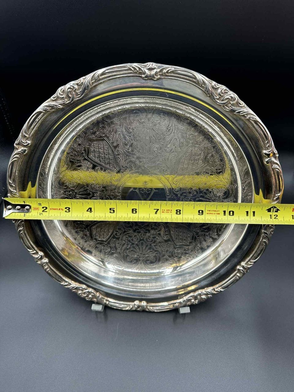 Vintage Silverplate Footed Serving Tray Ornate Engraved Round 12.25″ Antique
