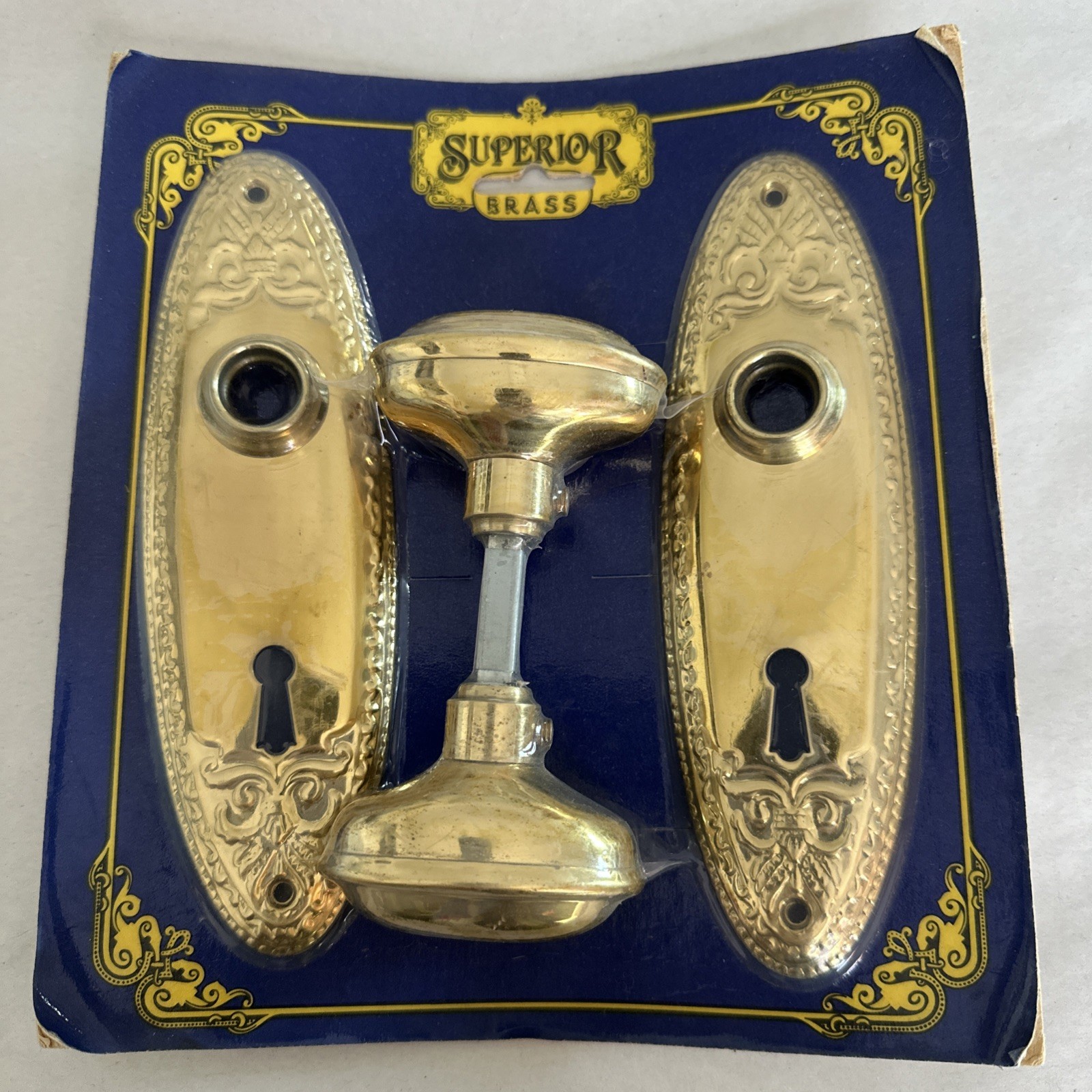Polished Brass Door Knob Set with Oval Plates Superior Made In India NOS