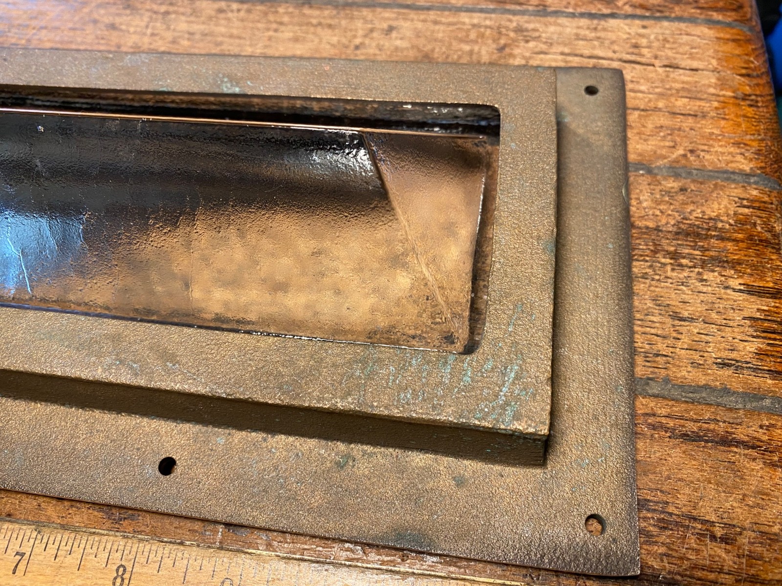 VINTAGE NOS CAST POLISHED BRONZE AND SOLID GLASS RECTANGULAR DECK PRISM 12 X 6