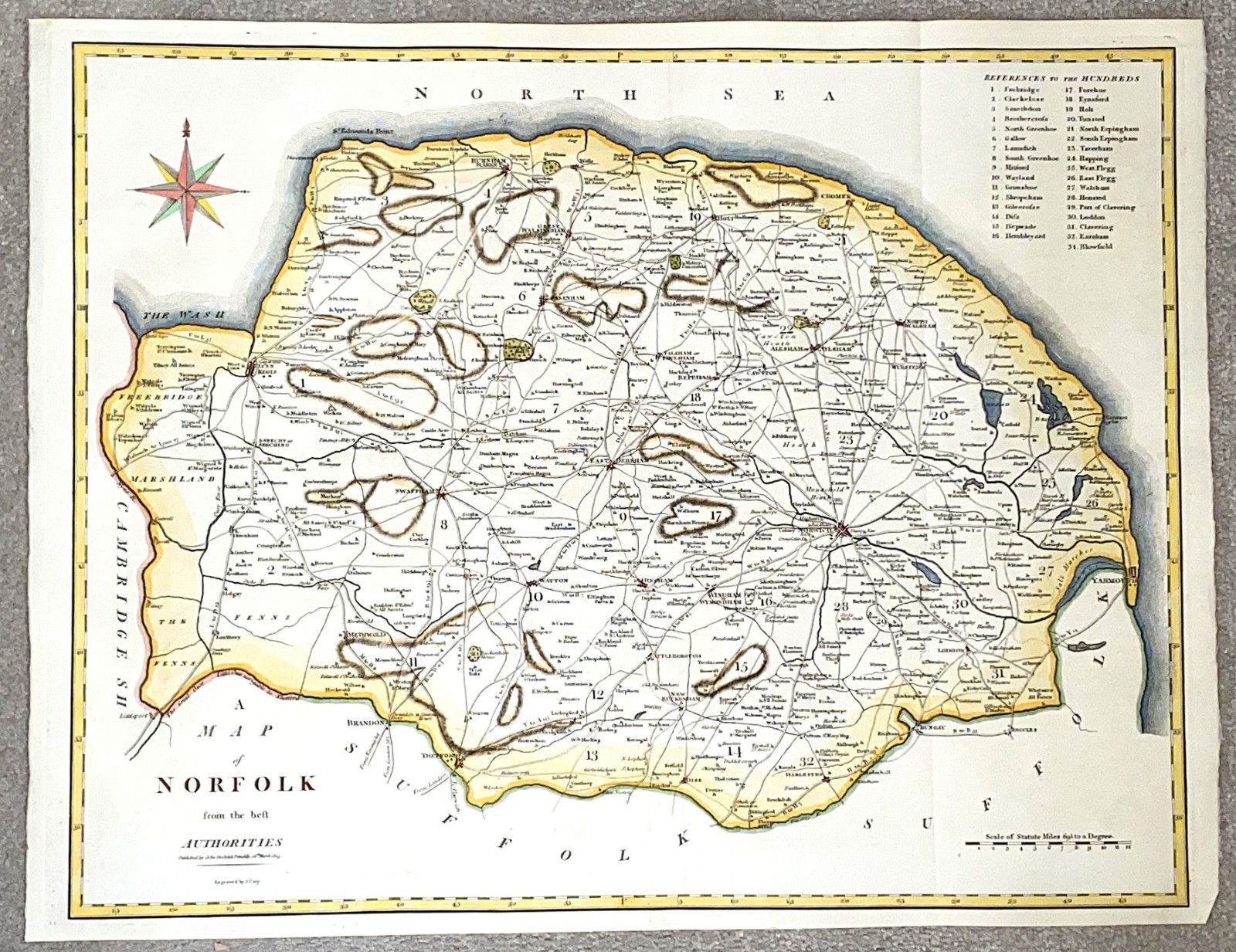 Antique Map NORFOLK Large Original John Cary, Camden, Stockdale 1806