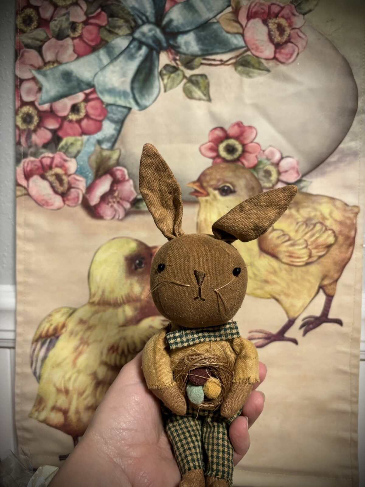 Sweet Grubby Primitive Rustic Country Gingham Baby Easter Bunny w Eggs Doll 9″