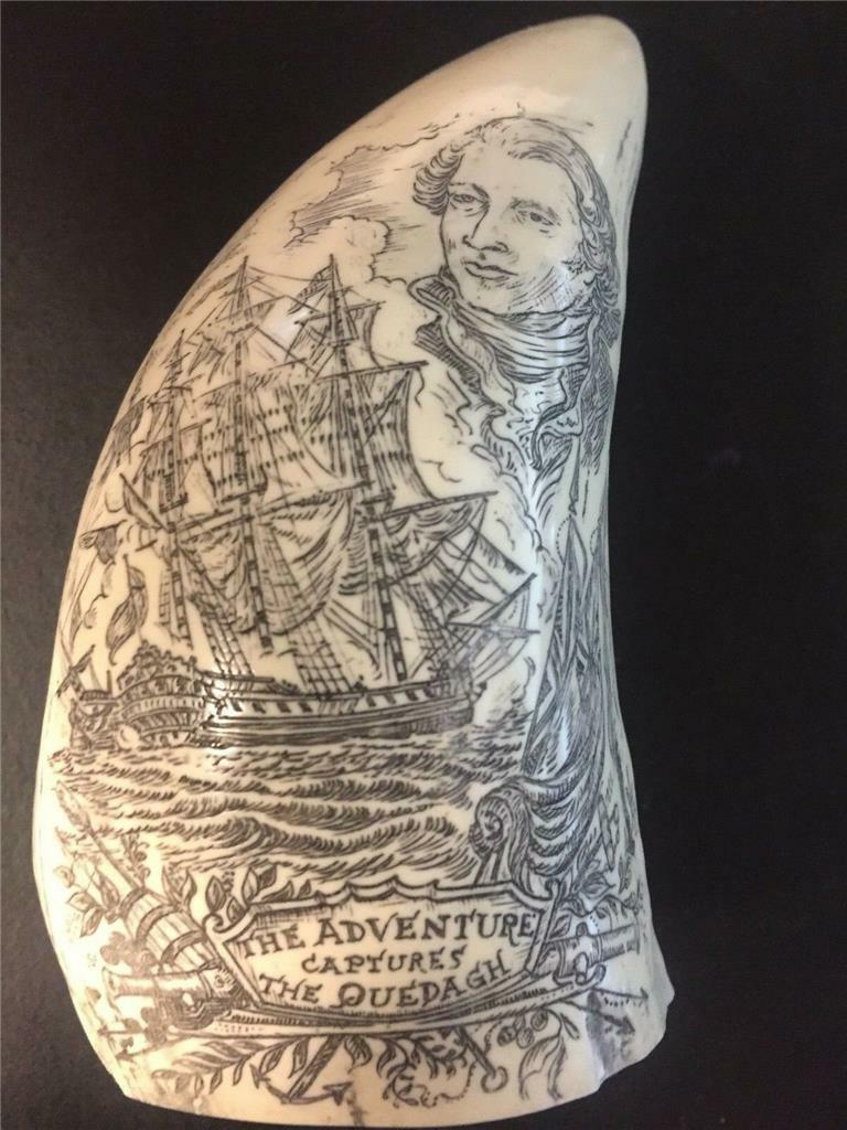 Scrimshaw Sperm Whale tooth RESIN REPRODUCTION ” ADVENTURE CAPTURES QUEDAGH”