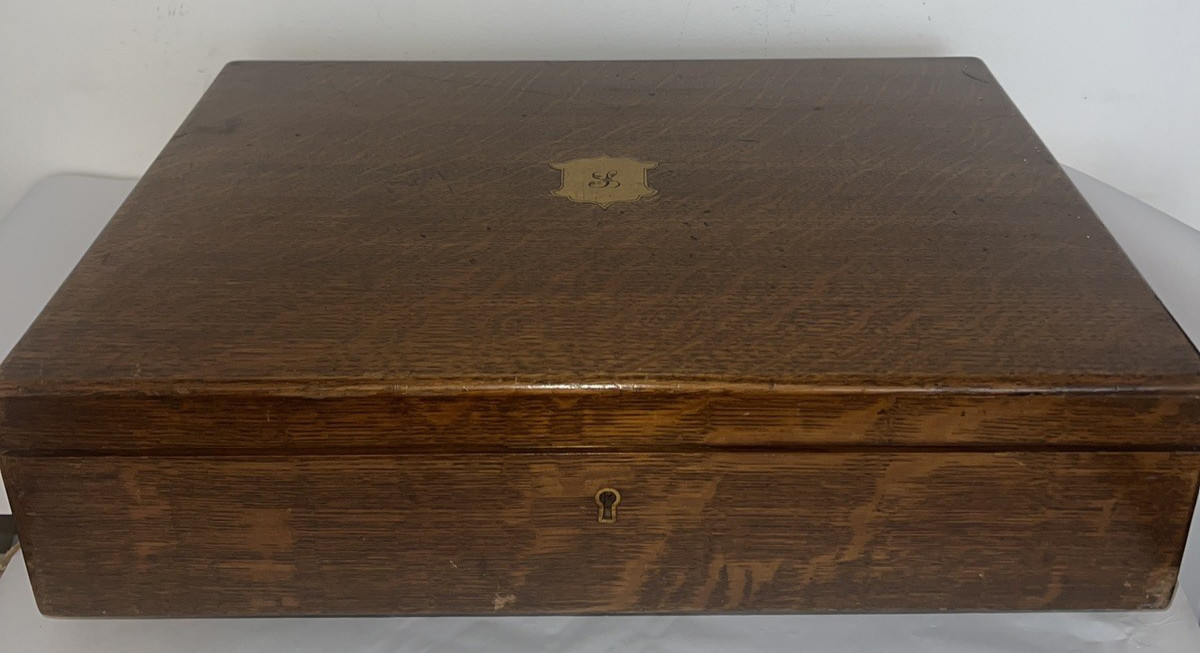 Vintage Empty Two Tier Wooden Oak Canteen Cutlery Box With Campaign Handles